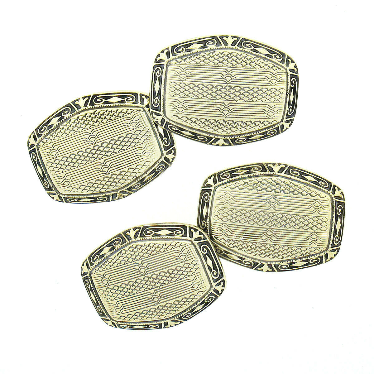 Men's Antique 14k Gold Unique Rectangular Panel Etched & Engraved Cufflinks Mint