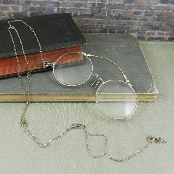 Antique 14k White Gold Folding Lorgnette Glasses W/ Chain