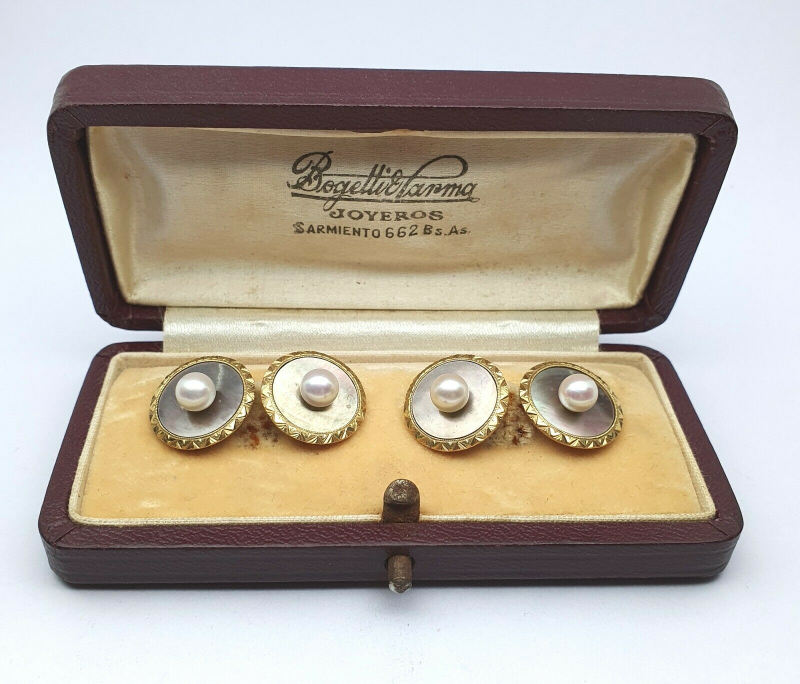 Antique 14kt Gold Double Cufflinks With Mother Of Pearl And Pearl