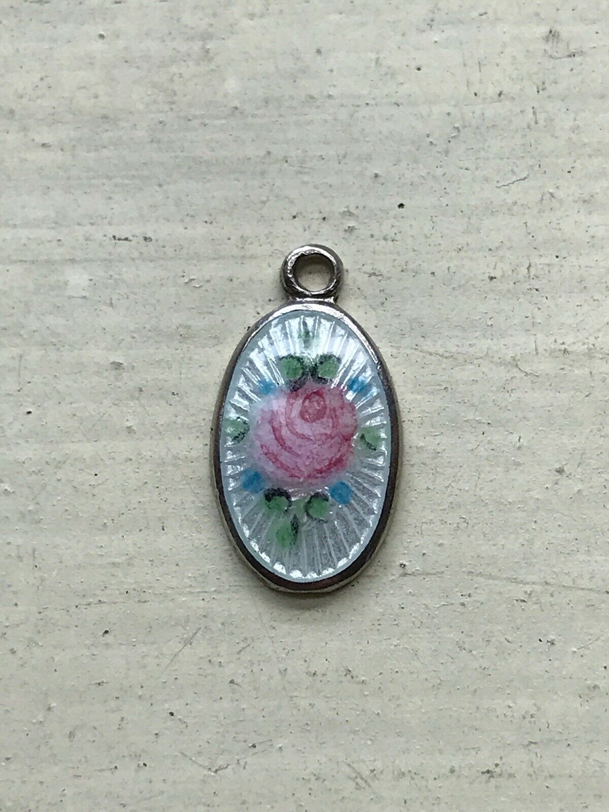 Antique Victorian Miniature Enamel Rose Charm,pink Rose,green Leaves,sterling